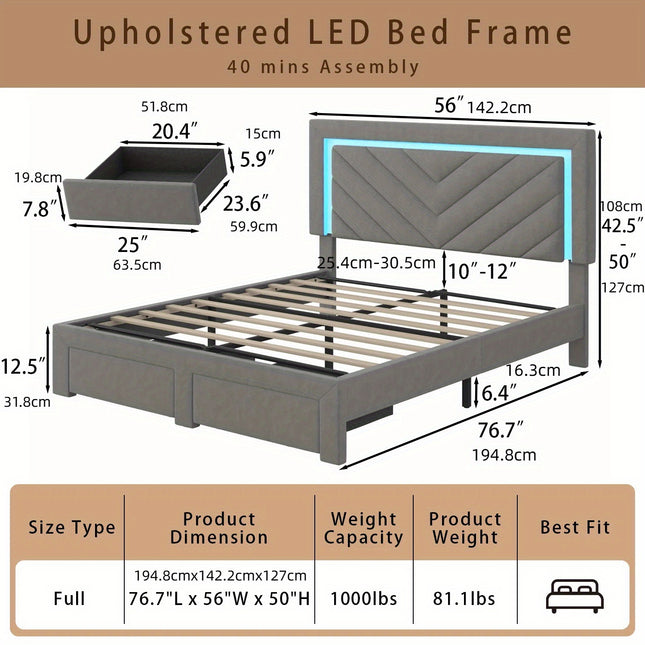 Bed Frame Featuring an Adjustable LED Headboard And Built-In Charging Station