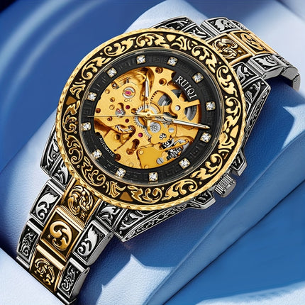 Luxury Men'S Stainless Steel Automatic Mechanical Watch - Vintage Skeleton Dial with Carved Hands