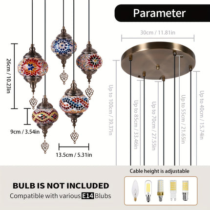 1pc Turkish-Moroccan Tile Pendant Ceiling Light, 5-Arm Shade, E27 Socket, Handcrafted Glass,