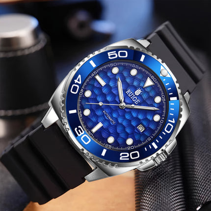 Men'S Luxury Automatic Mechanical Watch - Blue Ocean Design with Transparent Hollow Dial,