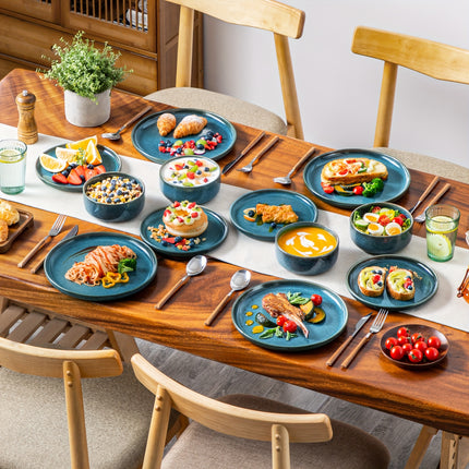 18pcs Elegant Blue Stoneware Dinner Set with Dual-Sided Reactive Glaze - Includes Dinner Plates