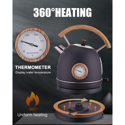 Electric Kettle, Vintage Design, Equipped with a Thermometer, 1.7 Liters Capacity