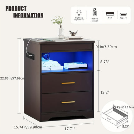 LED Bedside Table With Gun Drawer, With Charging Station, Modern Side Table With Fabric Drawer,