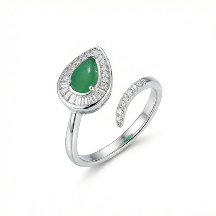 925 Sterling Silver Elegant Pear-Cut Emerald Bypass Rings Wholesale with Dazzling CZ Halo and Baguette Accents - JewelryODM