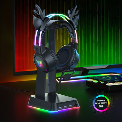 X15pro black RGB wired gaming headphones with a pair of cute deer ears, noise reduction,