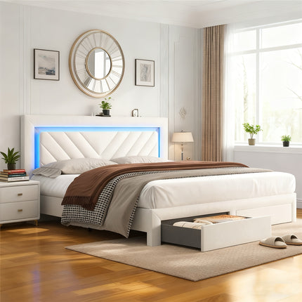 Bed Frame Featuring an Adjustable LED Headboard And Built-In Charging Station