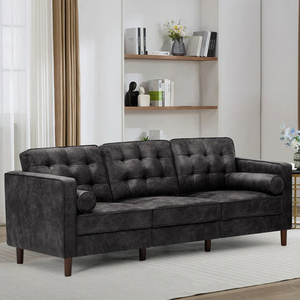 Leather Couch Featuring 2 Bolster Cushions, Contemporary Three-Seater Sofa with Tufted Backrests