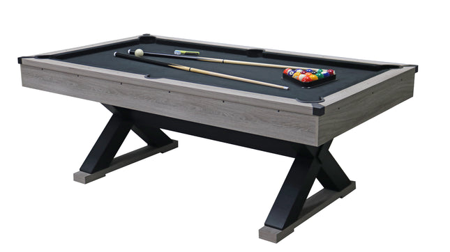 84' Pool Table with Billiard Balls, Cues, Pool Cue Chalk, Cleaning Brush, X-Legs, Black Cloth, Rustic Grey,84.1'L x 46.5'W x 32'H