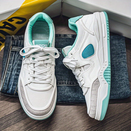 Men's All-Season Sneakers - White & Turquoise Accent Lace-Up Shoes, Non-Slip Rubber Sole,