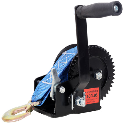 1600LBS Hand Winch,with 26FT Blue Strap,Black Shell,4.1:1 Gear Ratio Portable Winch,Two-Way Ratchet,Manual Operated Hand Crank Winch for Trailer, Boat or ATV Towing