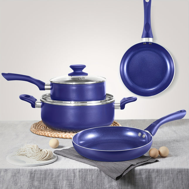 6pcs Nonstick Cookware Set - Diamond Blue, Aluminum & Ceramic Pots and Pans Lids,