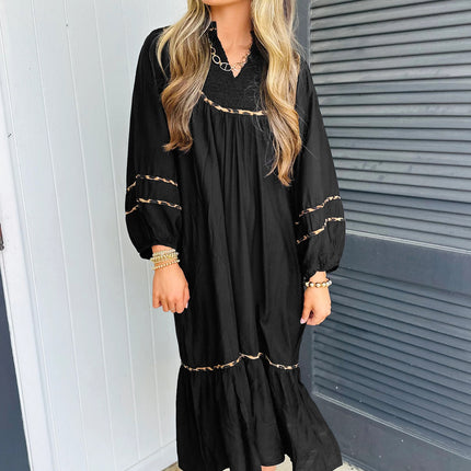 Black Contrast Leopard Trim Split Neck Long Sleeve Casual Midi Dress