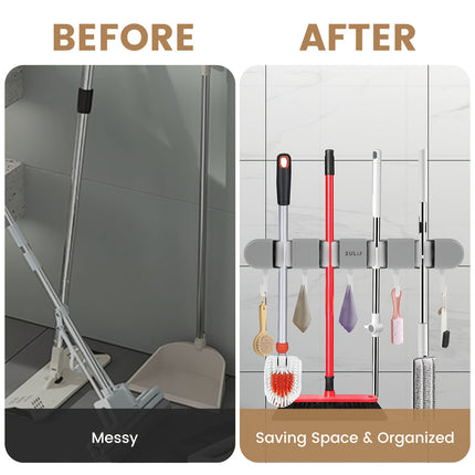 Mop Holder with Hooks - Heavy-Duty ABS Plastic Broom Organizer for Bathroom, Kitchen, Closet