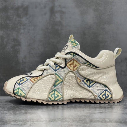 Men's Stylish Embroidered Patchwork Sneakers - Black & White Geometric Design