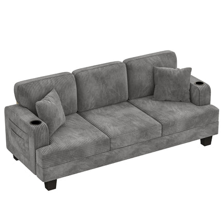 Sofa Couch 84" 3-Seater with 2 Pillows, Cup Holders & Side Pockets - Space-Saving Grey Foam