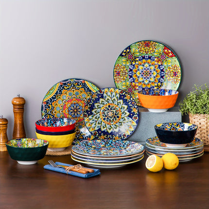 18pcs Porcelain Bohemian Style Dinner Set | Includes Dinner Plates, Dessert Plates, Cereal Bowls,