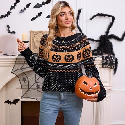 Women's Halloween Pumpkin Embroidered Retro Long-sleeved Sweater