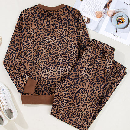 Coffee Leopard Print Contrast Trim Long Sleeve Top and Pants Set