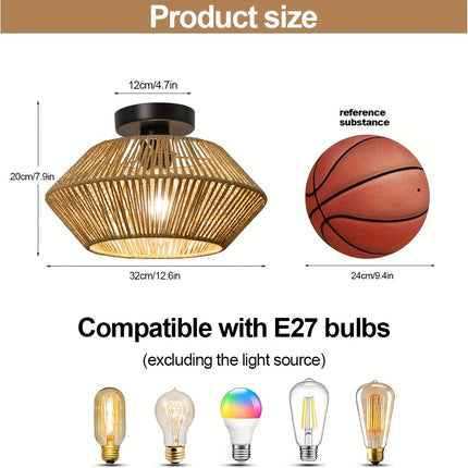 1pc Boho Rattan Ceiling Light Fixture - Farmhouse Chandelier with E27 Socket (Bulb Not Included)