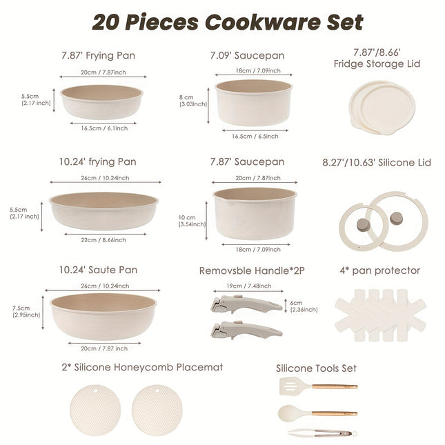 20pcs Pots And Pans Set,stick Ceramic Cookware Set With Removable Handles.