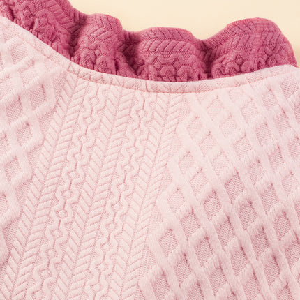 Light Pink Textured Puff Sleeve Ruffled V Neck Shift Mini Dress
