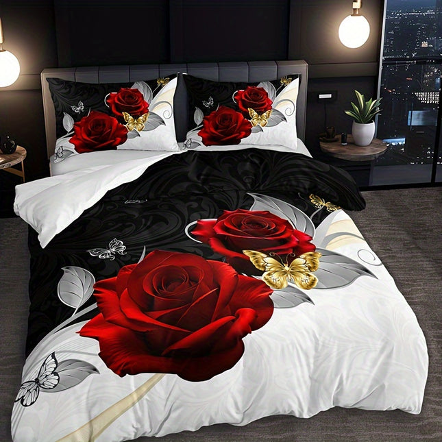 3pcs Red Rose Butterfly Quilt Cover Set 1 Quilt Cover + 2 Pillowcases Without Pillow Core, High-definition Printing for Home and Dormitory