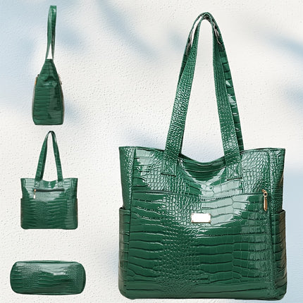 Women's preferred large-capacity tote: elegant, solid-color, crocodile-patterned PU bag with secure zipper
