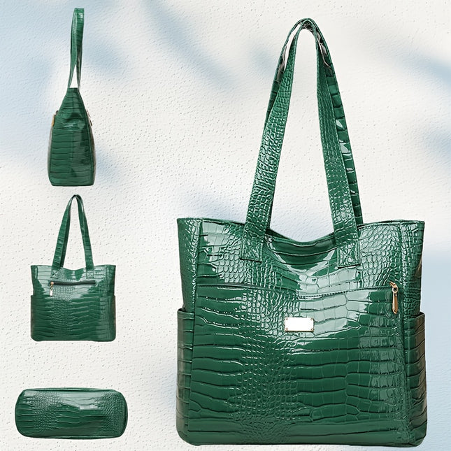 Women's preferred large-capacity tote: elegant, solid-color, crocodile-patterned PU bag with secure zipper