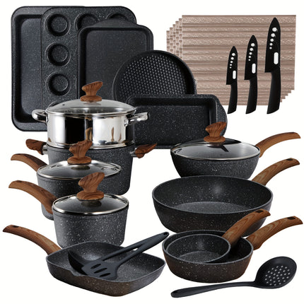 12/17/30 Pieces Induction Kitchen Cookware Set, Granite Coating Cooking Pans Set (Black, Green)