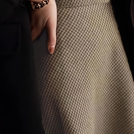 Women's New Houndstooth Checkered Midi Skirt, High-End Autumn Winter Tweed A-Line Umbrella Skirt