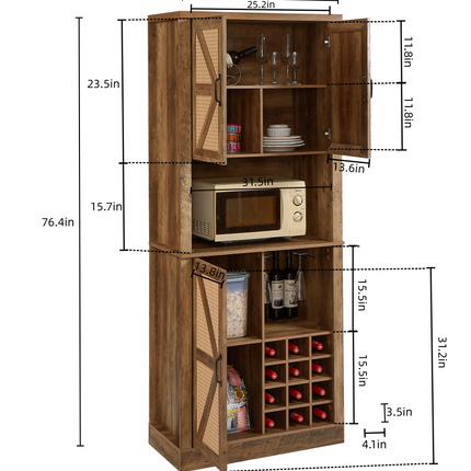 76-Inch Tall Rustic Oak Color Farmhouse Kitchen Faux Rattan Wine Cabinet, Kitchen Bar Cabinet with Square Compartments