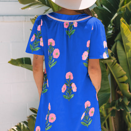 Blue Floral Short Sleeve Split Neck Loose Mini Dress