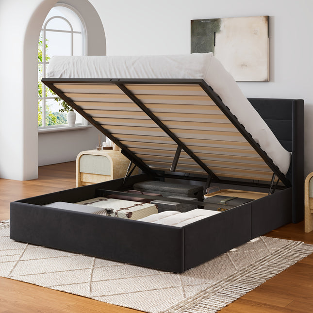Storage Bed, Modern Wingback Upholstered Headboard, Hydraulic Platform Bed, Wooden