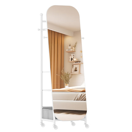 Freestanding Mirror Coat Rack, 50 x 165.8 cm, 360° Swivel Wheels, Storage Box & Hooks for Bedroom,