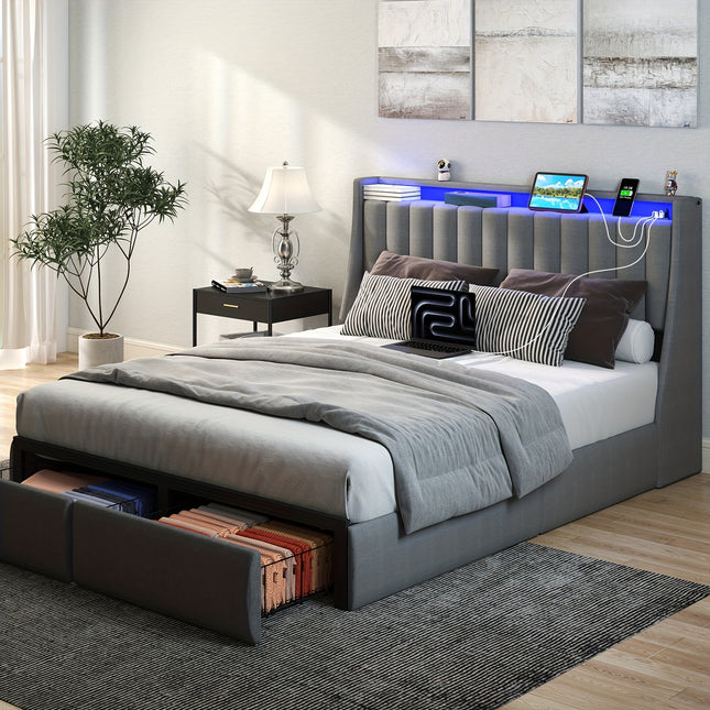 Full Queen King Bed Frame with 2 Storage Drawers And Luxury Wingback Upholstered Button Tufted Storage