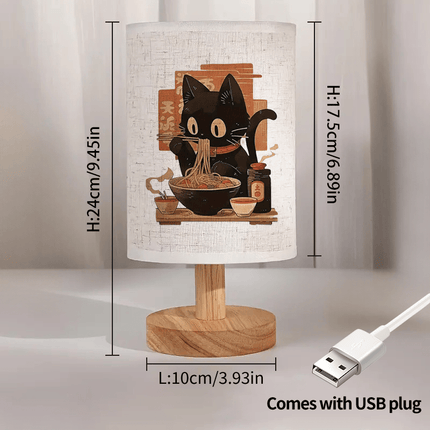 Cute Black Cat Eating Ramen Print LED Bedside Lamp - Nordic Wooden Desk Light with Fabric Shade