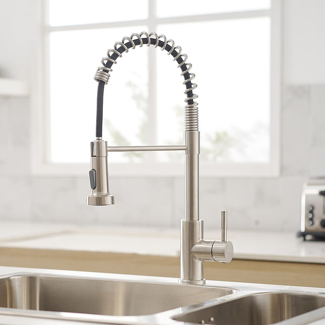 Commercial Brushed Nickel Kitchen Faucet with Pull Out Sprayer, Single Handle Single Lever Kitchen Sink Faucet