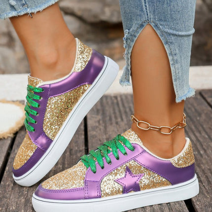 Tillandsia Purple Dearlove Glitter Star Patchwork PU Leather Lace-up Sneakers
