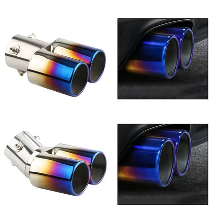Universal Dual Exhaust Pipe with Blue Tips, Made of Stainless Steel, Designed for