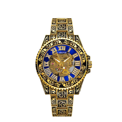 1pc Men'S Luxury Mechanical Watch with Roman Numeral Dial, Blue Hands & Golden-Tone Markers