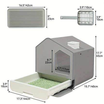 Silicone & PP Large Enclosed Cat Litter Box with PAD and Shovel, Odorless Splash-Proof Cover, Easy No-Install Design for Cats