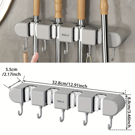 Mop Holder with Hooks - Heavy-Duty ABS Plastic Broom Organizer for Bathroom, Kitchen, Closet