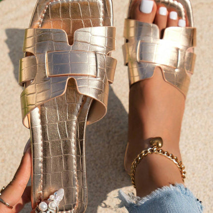 Metallic Crocodile Pattern Roman Style Flat Slippers