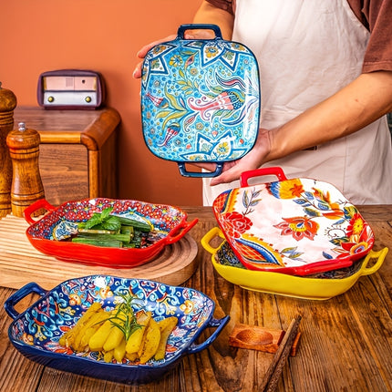 Set of Four Bohemian Square Plates with Double Handles! These Ceramic Serving Dishes Are