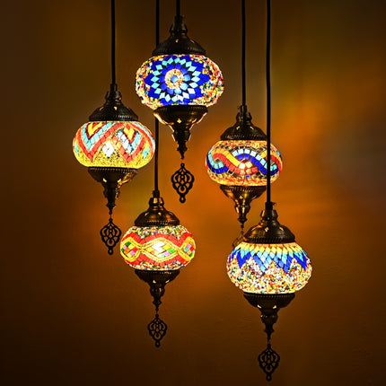 1pc Turkish-Moroccan Tile Pendant Ceiling Light, 5-Arm Shade, E27 Socket, Handcrafted Glass,