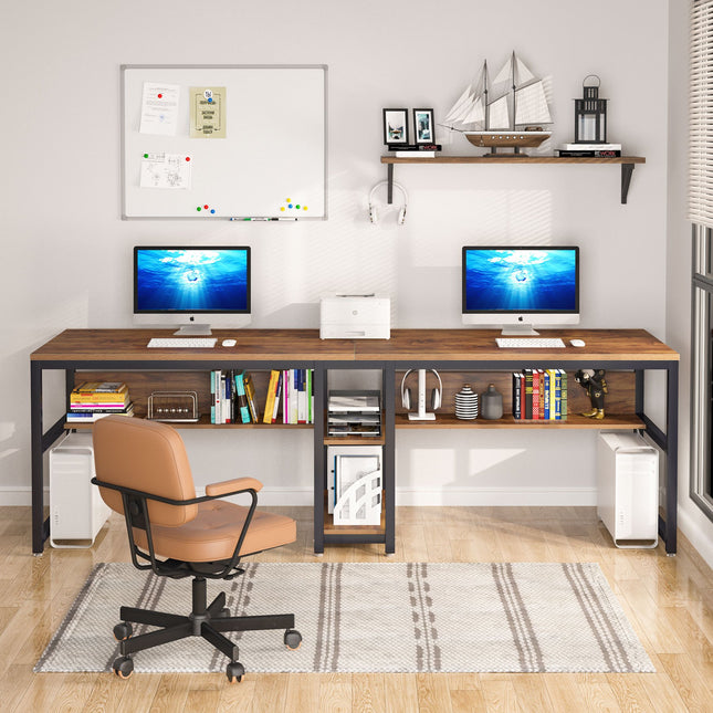 Double person office desk with bookshelf, 78.7-inch office double person computer desk,