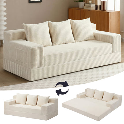 Sofa Bed with 3 Pillows - 78'' Modern Corduroy Folding Bed & Floor Couch, Foam-Padded Sectional Sleeper