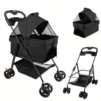 2-in-1 Convertible Dog Stroller & Carrier with Removable Crate Transport Bag – Foldable Pet Tote with Safety Belt, Adjustable Canopy, Storage Basket, Shock Absorber Wheels & 360° EVA Tires for Small/Medium Dogs & Cats, Pet