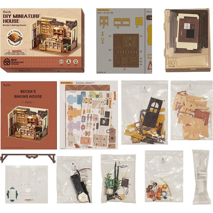 Rolife Mini Home DIY Assembly Model, Becca's Bakery, 3D Puzzle Toy, 256-piece Wooden Model With LED Lights, Creative Home Decor And Adult Gift