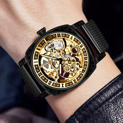 1pc Men's yellow black mesh belt college style niche fully automatic hollow tourbillon